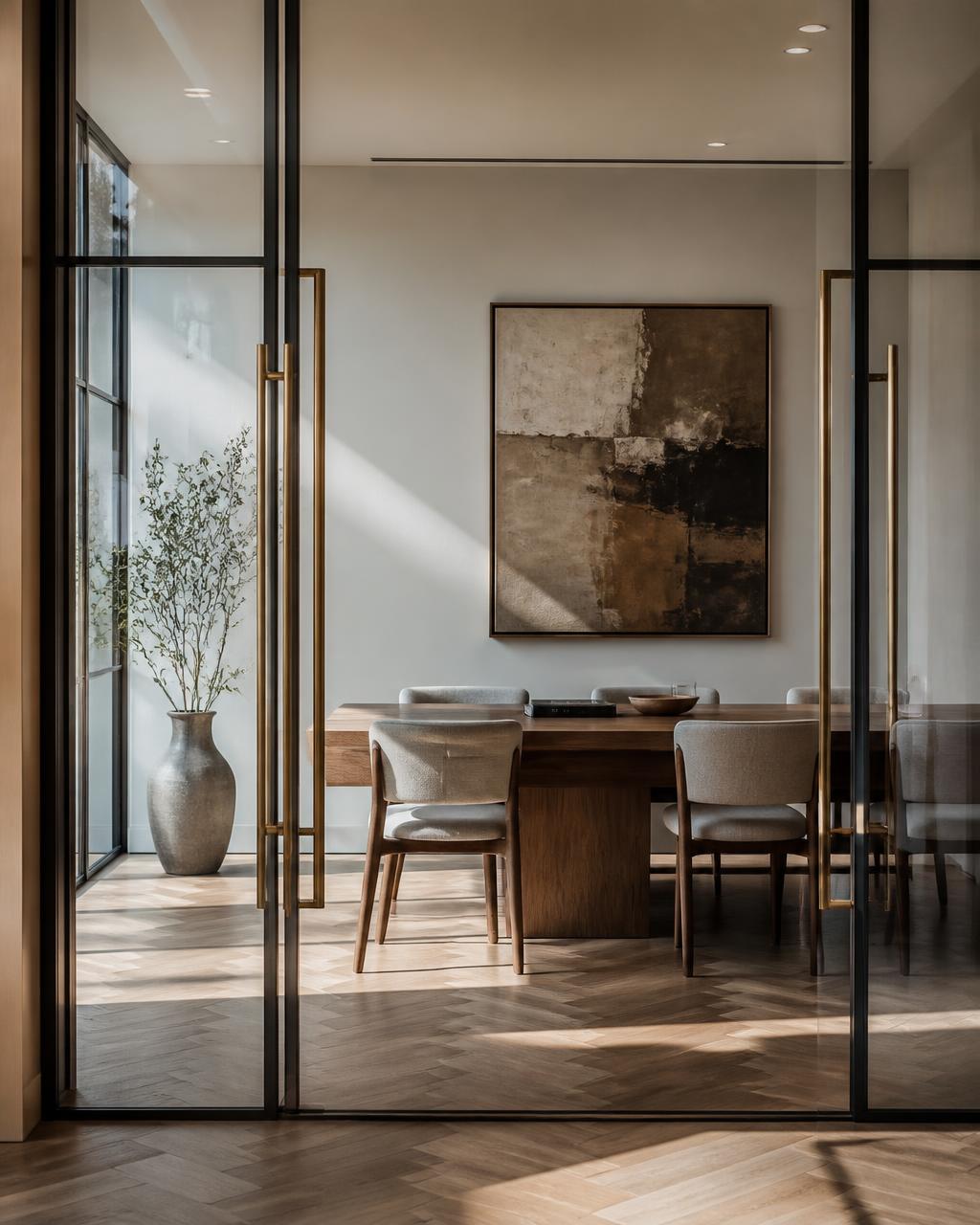 A warm, light-filled boardroom with a wood table, glass doors and abstract art